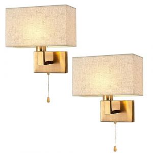 JHYPVII Applique Murale Doré Lot de 2 avec Interrupteur à Tirette Lampe Murale Chambre avec Abat-Jour en Tissu Luminaire Mural Interieur Lampe de Chevet Murale, Max 60W, Ampoule Non Incluse (FFHZ Store, neuf)