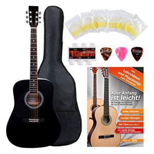 Classic Cantabile WS-10BK-LE Guitare Western Gaucher Starter-Set Dreadnought 6 cordes, 20 frettes, accessoires, housse, cahier de partitions, cordes, médiators, noir. (Maison de la musique Kirstein, neuf)