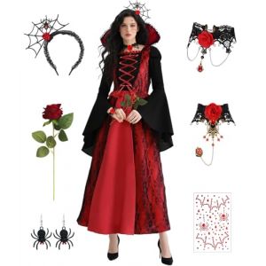 GEEKEO Halloween Deguisement Vampire Femme, D&eacute;guisement Vampire Medieval avec Dent de Vampire Collier Robe Gothique Femme Princesse Cosplay Costume de Reine D&eacute;coration Halloween Carnaval (CHENYIXINYI, neuf)