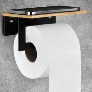 Porte Rouleau Papier Toilette Mural Adhesif sans Percage Support Papier Toilette Plaque de Bambou Noir Mat Dérouleur WC Murale (HZBODA, neuf)