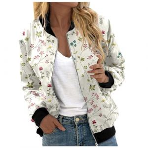 Générique Bombers Femme Printemps, Blouson Femme Mi Saison, Chic Et Elegant Décontracté Sport Manteau Zippée Imprimé Fleur Léger Motard Blouson Pas Cher Printemps Automne Outwear (Chnnamzu (7-12 jours), neuf)