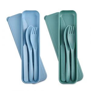 Set de Couverts de Voyage avec étui, 2 Sets de Couverts en Plastique Réutilisables, Set de Couteaux, Fourchettes et Cuillères, Set de Couverts Portables pour le Voyage (Vert foncé + Bleu) (youhonghoukai, neuf)