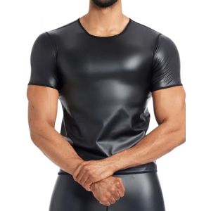 Ausing D&eacute;bardeur Sexy en Cuir pour Homme T-Shirt &agrave; Col Rond Manches Courtes Maillot de Corps Brillant Top de Sport Costume Halloween Tenue de F&ecirc;te Noir L (QINSIKEJI, neuf)