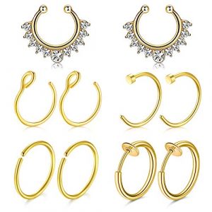 Mayhoop 10Pièces Faux Piercing Nez Faux Piercing Septum Acier Chirurgical Or avec Diamant Faux Anneau Nez Faux Piercing Nez Lèvre Daith Helix Non-Percé Femme Homme (Mayhoop, neuf)