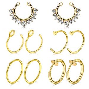 Mayhoop 10Pièces Faux Piercing Nez Faux Piercing Septum Acier Chirurgical Or avec Diamant Faux Anneau Nez Faux Piercing Nez Lèvre Daith Helix Non Piercing Non-Percé Femme Homme (Mayhoop, neuf)