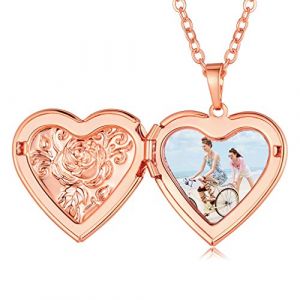 Custom4U Collier Couple Photo Personnalis&eacute; Coeur Or Rose Pendentif Porte Photo Cuivre M&eacute;daillon Coeur Grav&eacute; Fleur Chaine 50+5 cm (Custom4U Store, neuf)