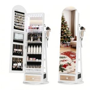 LVSOMT LED Armoire à bijoux avec Miroir Arqué, Rotative à 360 Armoire Bijoux Miroirs avec éclairage, Grande Arc Miroirs sur pied avec Rangement de bijoux, Miroir Bijoux Bois Verrouillable, Blanc (lvsomt, neuf)