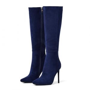 Zhabtuc Bottes hautes pour femmes de 4 pouces, bottes &agrave; talons aiguilles &agrave; bout pointu et large mollet en cuir su&eacute;d&eacute; confortable et sexy, Daim bleu marine, 38.5 EU (Tiance, neuf)