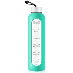 Bouteille d'eau en verre de 1 litre avec couvercle en acier inoxydable &ndash; Bouteille de sport de 1 000 ml avec marqueur de temps, r&eacute;utilisable et incassable en silicone pour fitness, gym, ext&eacute;rieur, (Gistome Direct, neuf)