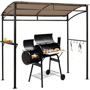 COSTWAY Abri Barbecue Exterieur de 216 cm Cadre en Métal Imperméable, Tonnelle Barbecue Exterieur avec Étagère de Service et Crochets de Rangement, Belvédère pour Jardin Cour (Marron) (FDS GmbH, neuf)