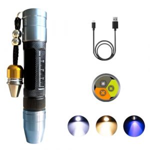 YZYOE LED rechargeable trois sources de lumière Jade et bijoux Évaluation lampe poche, 365NM détecteur de cire d'abeille pierre précieuse ultraviolette,Blanc, jaune et 365 lumière violette lampe poche (lizuojun, neuf)