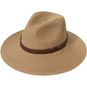 DRESHOW Femme Homme Chapeau de Paille Panama Chapeau Été Large Bord Chapeau de Soleil Anti-UV pour Plage Voyage Chapeau de Soleil (Dreshow, neuf)