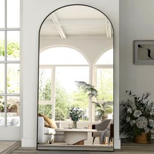 BEAUTYPEAK Grand miroir pleine longueur arqué 218 x 102 cm, miroir sur pied bombé suspendu ou appuyé contre le mur, grand miroir de sol avec support pour chambre à coucher, salon ou dressing, noir (VOOBANG, neuf)