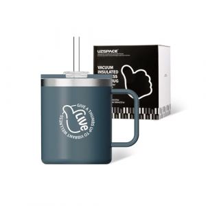 UZSPACE Mug Isotherme avec Poign&eacute;e - Tasse a Cafe 500ml - Mug Thermos pour Caf&eacute; Chaud et Boissons Froides - Tasse &agrave; Caf&eacute; R&eacute;utilisable avec Paille, Bleu Ardoise (UZSPACE Official Store, neuf)
