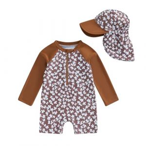 Carolilly Maillot de Bain Une Pi&egrave;ce Enfant B&eacute;b&eacute; Fille Zipp&eacute; &agrave; Manches Longue Anti-UV avec Chapeau (Brun, 3-4 Years) (La Vie Brillante, neuf)