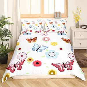 Parure de lit papillon fille 140 x 200 rose bleu papillon fleurs ensemble de literie ferme fleur branche plante housse de couette enfants femme romantique chambre d&eacute;cor 2 pi&egrave;ces, fermeture &eacute;clair (Bofanshangmao, neuf)