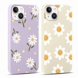 Yoedge 2 pi&egrave;ces Violet Coque pour iPhone 14 Plus 6,7" Motif de Fleurs et Feuilles Fille Femme &Eacute;tui, Housse de Protection Antichoc TPU Mignon Aesthetic Design Case Cover pour iPhone 14 Plus, Beige (Lei Xiao, neuf)