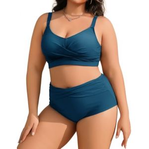 Tuopuda Maillot de Bain Gainant Ventre Plat Deux Pièces Ensembles Bikini Set 2 Pieces Couleurs Unies Haut de Maillot de Bain avec Culotte Taille Haute Swimsuit, Vert-Bleu, 4XL (GHF-Direct, neuf)