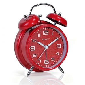 AYRELY&reg; R&eacute;veil Vintage &agrave; Double Cloche &ndash; R&eacute;veil Gros Dormeur 4'' Silencieux sans Tic-Tac, Sonnerie Puissante, Cadran Nacr&eacute; avec Veilleuse, pour Table de Nuit/Bureau(Cadran 3D,Rouge) (AYRELYEU, neuf)
