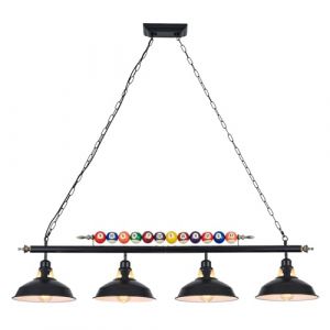 KEELED Lustre de table de billard, Suspension luminaire industrielle &agrave; 4 abat-jour noirs mats, 127cm, pour tables de billard 7'-8', Snooker, salle de jeux ou &icirc;lot de cuisine (Ampoule E27 non incluse) (KEELED-FR, neuf)