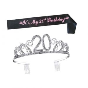 TOPBATHY Couronne D&rsquo;Anniversaire 20 Ans Peigne &agrave; Cheveux en Cristal et &Eacute;charpe D&eacute;corative Imprim&eacute;e Accessoire L&eacute;ger et R&eacute;sistant pour F&ecirc;te D&rsquo;Anniversaire D&eacute;coration &Eacute;l&eacute;gante et Festive (Parham Ring, neuf)