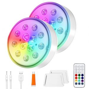 Vsshe Lot de 2 lampes LED submersibles rechargeables, t&eacute;l&eacute;commande, &eacute;tanch&eacute;it&eacute; IP68, 16 couleurs changeantes, minuterie, lumi&egrave;re sous-marine, jacuzzi, baignoire, aquarium, &eacute;tang (tirehor, neuf)
