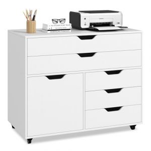 COSTWAY Caisson Bureau &agrave; roulettes 5 Tiroirs, &Eacute;tag&egrave;re R&eacute;glable, Caisson de Rangement pour A4, Lettre, Grand Placard, Support d'Imprimante 5 Roues avec 2 Frein, 77,5 x 40 x 64 cm, Blanc (FDS GmbH, neuf)