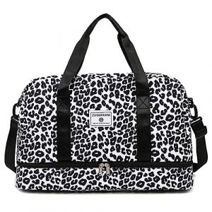 Vllcsla Sac de Sport Femme Grand 42.43L, Sac de Voyage Léopard Bagage à Main Léger avec Compartiment Chaussures, Poche Humide, Sac de Sport Imperméable Yoga Femme, Weekend, Gym, Voyage, Noir (Eco Memos, neuf)
