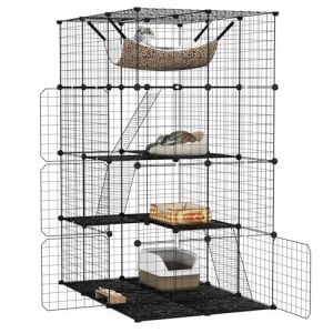 GYMAX Cage M&eacute;tallique &agrave; 4 Niveaux, avec Lucarne, Hamac, 2 Echelles, Portes Verrouillables, pour Bac &agrave; Liti&egrave;re, Aire de Jeux, Repos, Repas pour Chien Chat Petits Animaux de Compagnie (GYMAX EU, neuf)