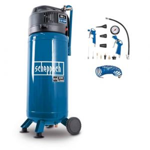 Scheppach Compresseur vertical portatif HC51V &ndash; Moteur puissant 1500 W &ndash; Sans huile &ndash; Cuve de 50 L &ndash; 10 bar &ndash; Puissance d'aspiration 220 L/min &ndash; Tuyau de 10 m + 13 accessoires inclus (Practixx Germany, neuf)