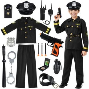 VICTERR Deguisement Policier Enfant, Costume Policier Enfant Garcon, Costume de Police de Luxe avec Chemise,Pantalon,Chapeau,Menotte, Brassard Police Insigne,Talkie-Walkie pour Halloween Carnaval (xinmaike, neuf)