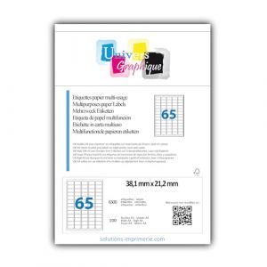 100 planches soit 6500 &eacute;tiquettes 38 x 21 (38.1 X 21.2) - Petite &Eacute;tiquette blanches adh&eacute;sives personnalisable. (solutions-imprimerie, neuf)