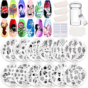 RUIJIE Nail Art Stamping Tampon 12 Pcs Nail Art Plaque d'ongles avec 1 Tampon 1 Grattoir 3 Éponges 10 Tablette de Coton, Stamper DIY Nail Art Image Timbres Plaques, Motif Papillon Fleur Feuille Animal (HR DI HE RUIJIE, neuf)