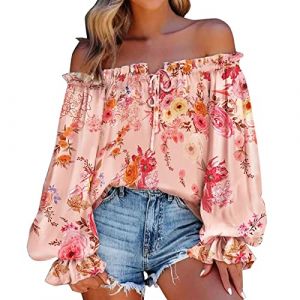 Chemisiers et Blouses Femme À Manches Courtes Sexy col Bateau Blouses Top Femme Imprimé éPaules DéNudéEs Femmes Chic Sexy Épaules Dénudées Hauts Blouses Bohème Camisole Tunique (usitable, neuf)
