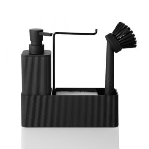 Distributeur Liquide Vaisselle Cuisine avec Distributeur Savon Brosse Éponge Porte-Vaisselle et Organisateur, Rangement Evier Cuisine (Noir, 4 in 1) (AJEUNGAIN, neuf)