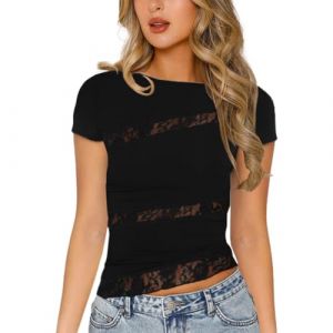 EMOTTOS Femmes Lace Splice Top- Y2K Slim Transparent t - Shirt Sexy col Rond Mesh Tulle Femmes Manches Courtes dupes Top avec Fleur Lace Club Streetwear(Noir-L) (EMOTTOS, neuf)