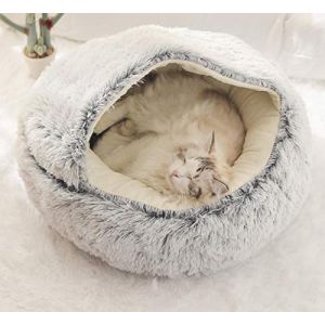 Lit igloo semi-ferm&eacute; pour chat et petit chien - Coussin pliable 2 en 1 - Panier de couchage doux pour chats - Panier de couchage pour animaux domestiques - Lavable en machine (MUZILEE, neuf)