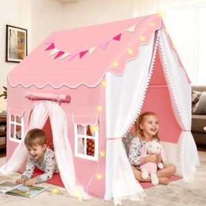Herenear 2 en1 Tente Enfant Interieur, Cabane Enfant avec Lumi&egrave;res et Drapeaux, Tente de Lit Jeu, Id&eacute;al pour la D&eacute;coration de Chambre et F&ecirc;te 120x100x127 CM (Rose) (NEXUSHIVE VELVETAPEX Kft., neuf)