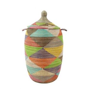 Panier à linge traditionnel africain - Fulani - Panier XXL - Tressé - Fait main - Fabriqué en Afrique - Hauteur sans couvercle mesurée environ 60 cm (Blanc,coloré) (YAADU, neuf)