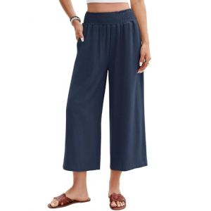UMIPUBO Pantalon Lin Femme &Eacute;t&eacute; Coton Chanvre 3/4 Large Pantalons Fluide Elegant Chic Taille Haute &Eacute;lastique Pantacourt L&eacute;ger Respirant Jogging Pants de Plage avec Poches (Bleu Marine, S) (Bukely, neuf)