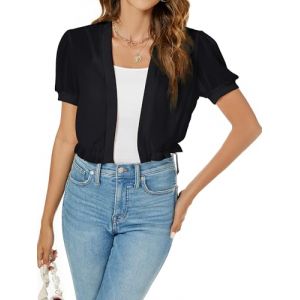 Famrrifuu Femme Bolero Mousseline de Soie Gilet Court Elegant Manches Courtes Cardigan Léger été Veste Courte,Noir,XL (TengGD, neuf)