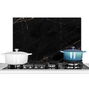 KitchenYeah&copy; Fond de Hotte 70x50 cm Aluminium Cr&eacute;dence Cuisine D&eacute;coration Murale Cr&eacute;dence Plaque de Cuisson Anti Projection Marbre - Noir - Or - Chic - Aspect marbre - Design (KitchenYeah, neuf)