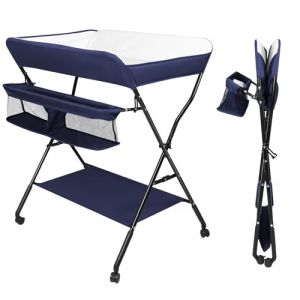 Table à langer pliante, table à langer avec panier de rangement, ceinture de sécurité+ 4 roues avec frein, réglable en hauteur（98-104cm）,PVC imperméable+ tissu Oxford (c,bleu marine) (Willanmd, neuf)