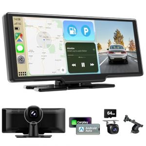 10,26 Pouces Ecran Carplay Voiture avec A-pple Carplay Android Auto sans Fil, Autoradio Bluetooth avec Caméra Avant 4K et Caméra de Recul 1080P HD/FM/AUX/64G TF/Mirror Link/Assistant Vocal/GPS (GUJITECH, neuf)