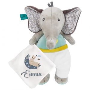 KDO MAGIC - Doudou personnalisé - Personnalisable avec Un prénom - Peluche personnalisée - Cadeau Naissance, garçon, Fille, bébé, Anniversaire (Lune Bleu, Éléphant) (KDO-MAGIC, neuf)