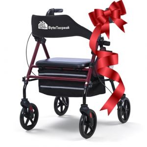 R4 D&eacute;ambulateur 4 roues pliable et l&eacute;ger, Rollator en aluminium l&eacute;ger avec si&egrave;ge, pour tous les terrains, si&egrave;ge et poign&eacute;e r&eacute;glables en, Se range facilement dans le coffre, Rouge Fonc&eacute; (ByteTecpeak-FR, neuf)