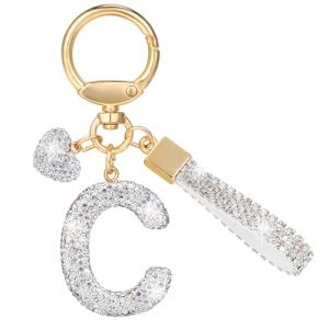 MWOOT Paillettes Porte Clé Lettre avec Strass, Argenté Initial Porte Clé Keychain, Porte Clef Lettre Sac Keyring Pendentif Décoratif, Brillant Porte Clef Voiture Charm, Porte Clé Cadeau pour Femme(C) (vetpw, neuf)