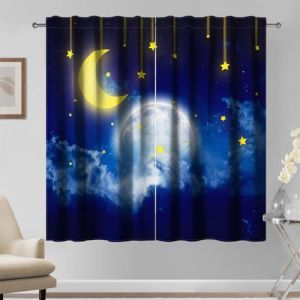 Kzzfqxb Rideaux à Passe-Tringle 107x160cm 2 Panneaux, Ciel Nocturne de rêve Terre et Lune Jaune étoiles Filtre la lumière drapés de fenêtre, Décoration Bleu Romantique pour Salon et Chambre à Coucher (miaocan, neuf)