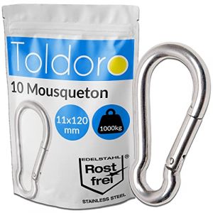 Toldoro® 10x Mousqueton INOX 11x120mm - NIRO AISI 316 V4A / Mousqueton Petit pour balancoire, Camping ou slacklines/Lot Mousqueton (Sonnensegel Guru, neuf)