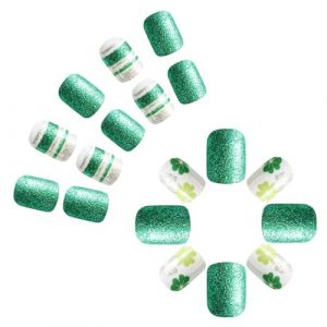 Faux ongles carr&eacute;s &agrave; presser pour la Saint-Patrick, motif tr&egrave;fles en acrylique, couverture compl&egrave;te, vert (YOUKELAI, neuf)